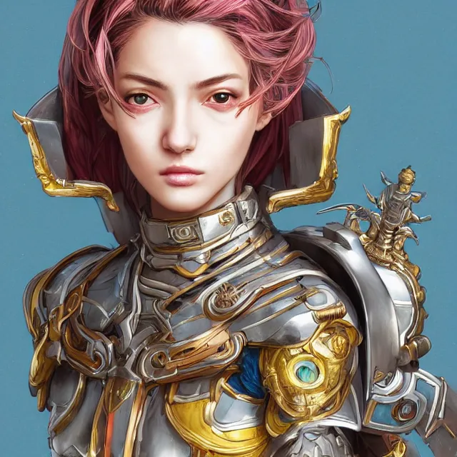 Image similar to studio portrait of lawful good colorful female holy mech paladin as absurdly beautiful, elegant, young woman, eye gear, ultrafine hyperrealistic detailed face illustration by kim jung gi, irakli nadar, intricate linework, sharp focus, bright colors, matte, octopath traveler, final fantasy, unreal engine highly rendered, global illumination, radiant light, intricate environment