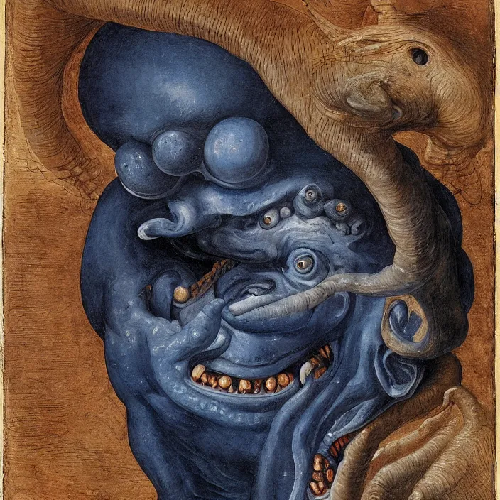 Image similar to close up portrait of a mutant monster creature with giant ear in the middle of the face, lapis - lazuli fangs growing sideways in a spiral shape. by jan van eyck, walton ford