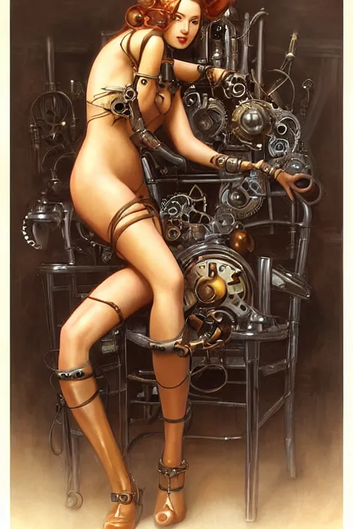 Image similar to retrofuturistic female android tied to a chair, steampunk, gears, detailed mechanical parts, painting by artgerm julie bell Jean Delville