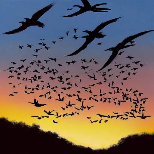 Prompt: a painting of a beautiful flock of crows flying at sunset, trending on artstation, masterpiece
