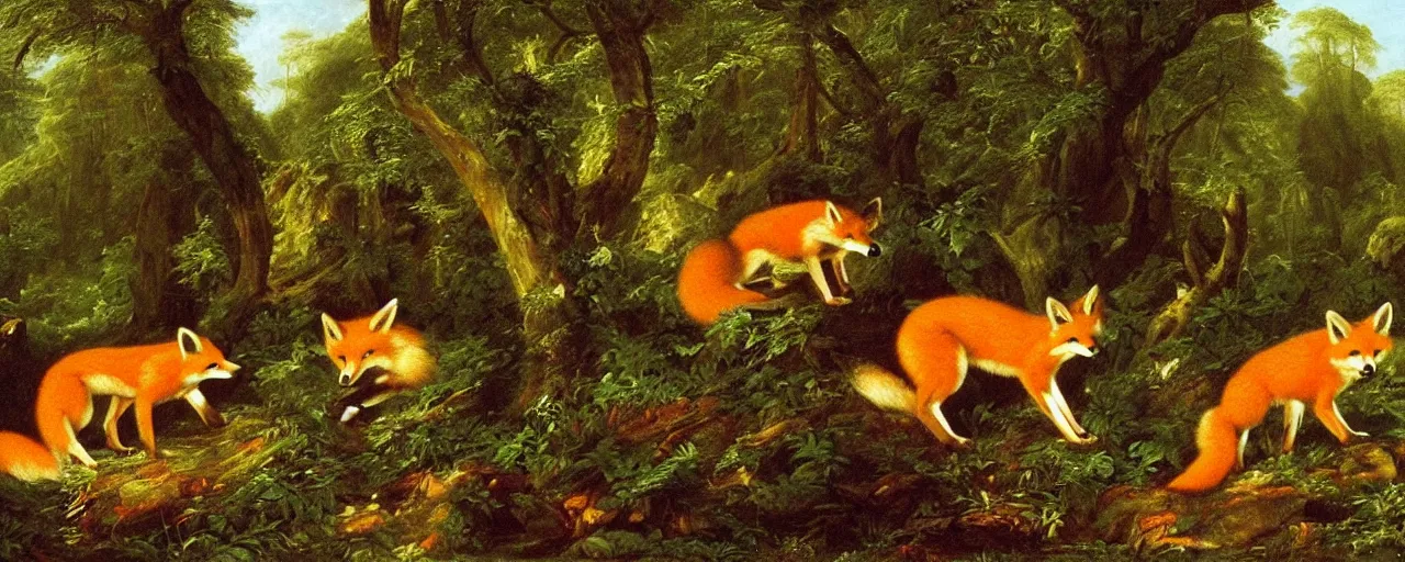 Image similar to foxes in the forest, by thomas cole