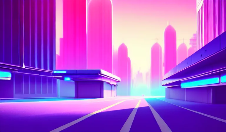 Prompt: a beautiful and immaculate futuristic city. view from an alleyway. vaporwave ombre rendering. outrun style. trending on artstation. recommended for you behance. by chris moore. beeple colors.