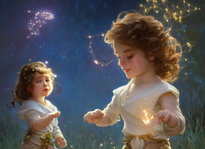 Prompt: A cute little girl with shoulder length curly brown hair and a cute little boy with short blonde hair dancing with fireflies. beautiful fantasy art by By Artgerm and Greg Rutkowski and Alphonse Mucha, trending on artstation.