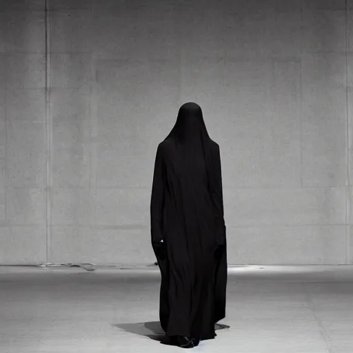 Image similar to a photo of a man and a woman wearing clothes by rick owens, faces covered by black veils, short blond hair, in a liminal space