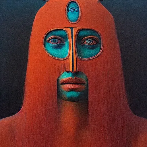 Prompt: symmetric portrait of indigenous warrior, turquoise and orange. realistic. high detail.by zdzisław beksiński