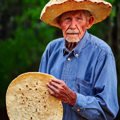 Image similar to an elderly man wearing a hat made from a tortilla, bold natural colors, national geographic photography, masterpiece, 8 k, raw, unedited, symmetrical balance