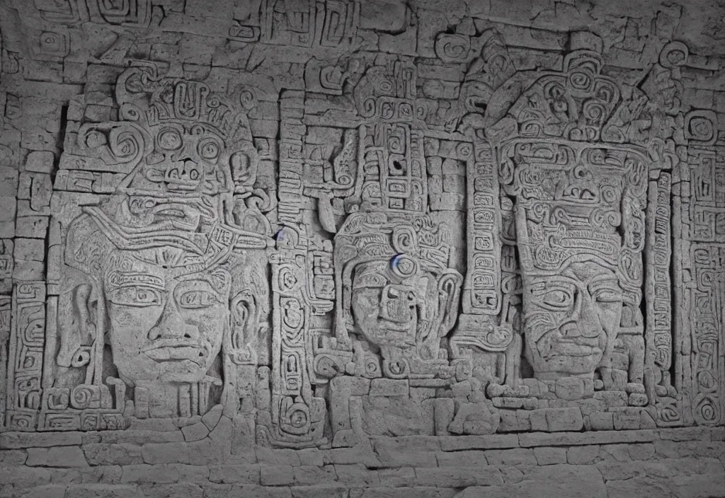 Prompt: a mayan temple interior with symmetric recogniseable giant face portrait of a mayan god-emperor in the center Carved in stone relief style behind an ancient altair of sacrafice. 3d render. Realistic. Well Detailed. Torch light. Omnious, intricate.