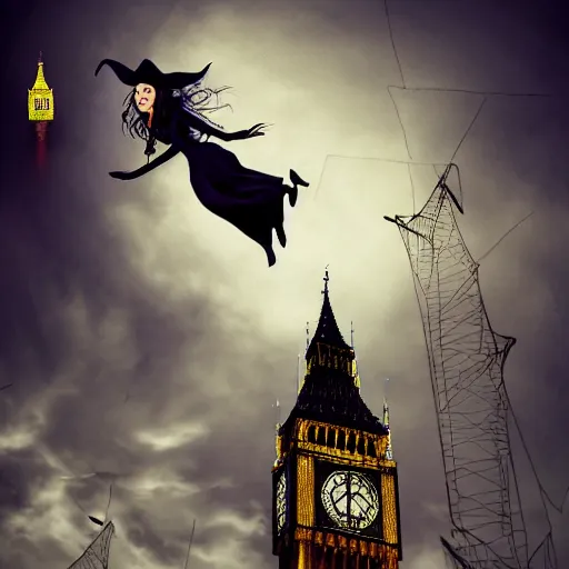 Image similar to A witch flying high in the sky using her broom stick,the Big Ben is in background, top down perspective,gloomy lighting,creepy atmosphere,digital art , highly detailed , high contrast, beautiful lighting, award winning , trending on art station, 8k, photo realistic