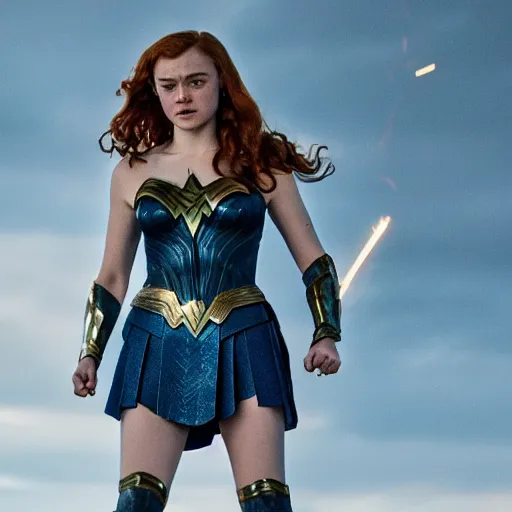 Prompt: film still of sadie sink playing wonder women, hd, 8 k, high resolution, cinematic, golden hour lighting, beautiful hair, holding golden whip