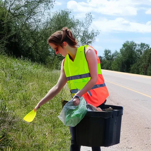 Image similar to emma watson in a hi vis vest picking up trash on the side of the interstate,