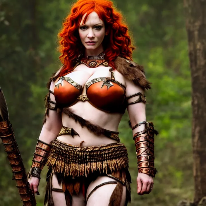 Image similar to full body photograph of christina hendricks as a amazon warrior. Extremely detailed. 8k