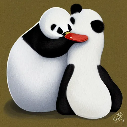 Image similar to panda bear hugging a white duck, digital art, stylized painting, trending on artstation, award winning art, cute pastel colors