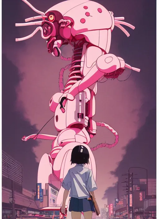 Image similar to Artwork by James Jean, Phil noto and hiyao Miyazaki; a young Japanese future samurai police girl named Yoshimi battles an enormous looming evil natured carnivorous pink robot on the streets of Tokyo; Japanese shops and neon signage; crowds of people running; Art work by studio ghibli, Phil noto and James Jean