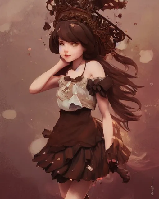 Prompt: a girl as personification of chocolate cupcake, fantasy bakery, digital art by krenz cushart, laurie greasly, intricate details, sharp focus, smooth, epic composition, joyful, unreal engine