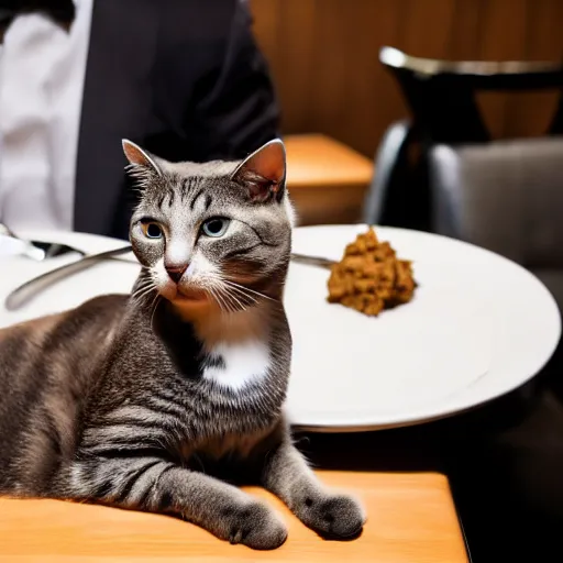 Image similar to A photo of a cat wearing a suit sitting in a fancy and expensive gourmet restaurant and eating a plate of cat food. f/2.8, dim lighting, award winning photo