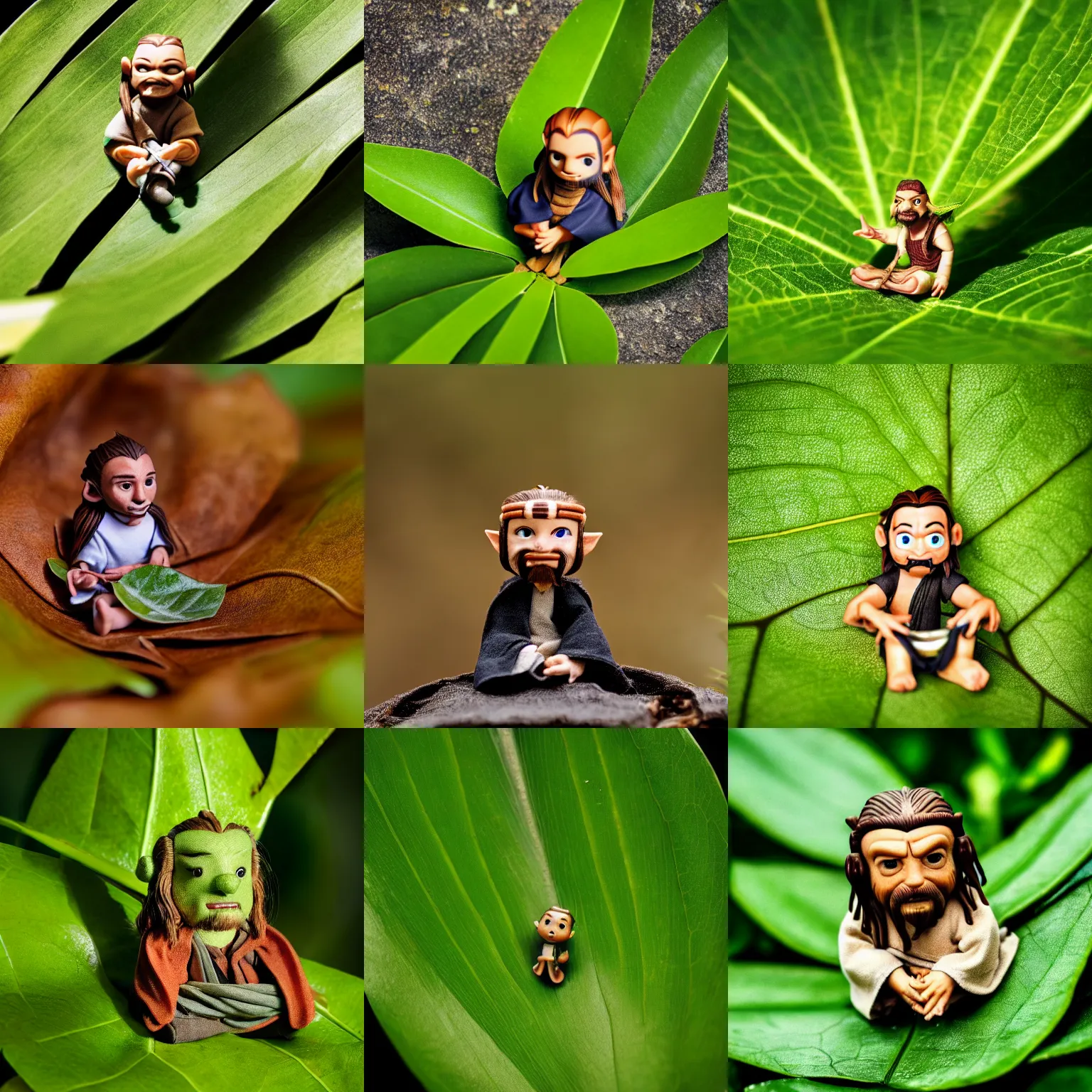 Prompt: tiny qui - gon jinn sitting under a leaf, macro photography