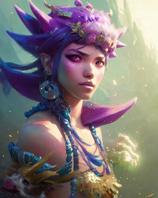 Image similar to neeko from league of legends, character portrait, concept art, intricate details, highly detailed by greg rutkowski, gaston bussiere, craig mullins, simon bisley