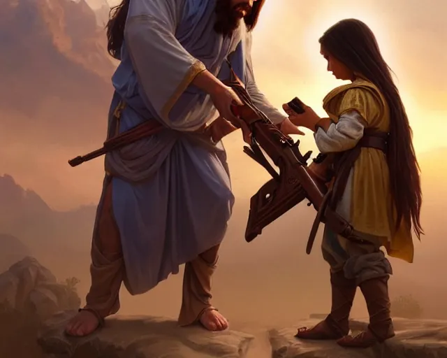 Image similar to photography of jesus christ teaching a child how to use a ak 4 7, d & d, fantasy, intricate, elegant, highly detailed, digital painting, artstation, concept art, matte, sharp focus, illustration, hearthstone, art by artgerm and greg rutkowski and alphonse mucha