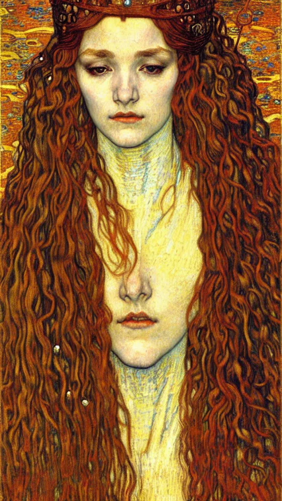 Image similar to detailed realistic beautiful young medieval queen face portrait by jean delville, gustav klimt and vincent van gogh, art nouveau, symbolist, visionary, gothic, pre - raphaelite, muted earthy colors, desaturated