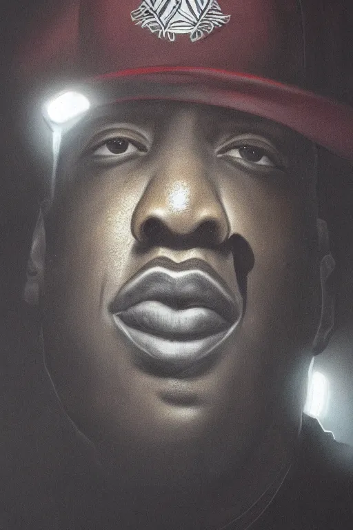 Image similar to portrait of rapper jay - z with hat, staring directly into camera, intricate, elegant, glowing lights, highly detailed, digital painting, artstation, sharp focus, illustration, art by wlop, mars ravelo and greg rutkowski