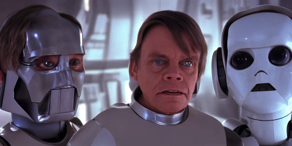 Prompt: A full color still of clean shaven Mark Hamill as Jedi Master Luke Skywalker talking with a humanoid robot, there are large windows showing a sci-fi city outside, at dusk, at golden hour, from The Phantom Menace, directed by Steven Spielberg, 1999