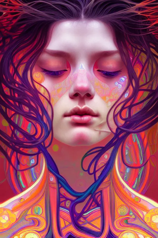 Image similar to beautiful psychedelic portrait, highly detailed, digital painting, artstation, sharp focus, illustration, art by tan zi and ayanamikodon and alphonse mucha and wlop