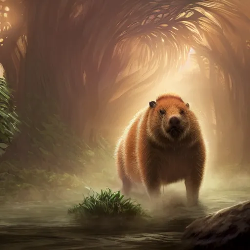 Image similar to Capybara/tiger, ferocious, angry, magic the gathering artwork, D&D, fantasy, cinematic lighting, centered, symmetrical, highly detailed, digital painting, artstation, concept art, smooth, sharp focus, illustration, volumetric lighting, epic Composition, 8k, art by Akihiko Yoshida and Greg Rutkowski and Craig Mullins, oil painting, cgsociety