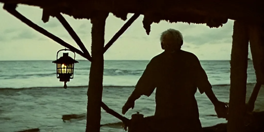 Image similar to film still of closeup old man holding up lantern by his beach hut at night. pirate ship in the ocean by emmanuel lubezki