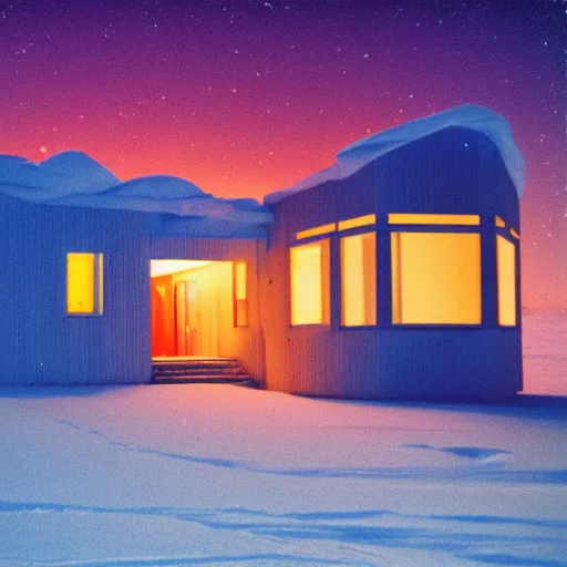 Image similar to an 8 0 s era house in antarctica at night