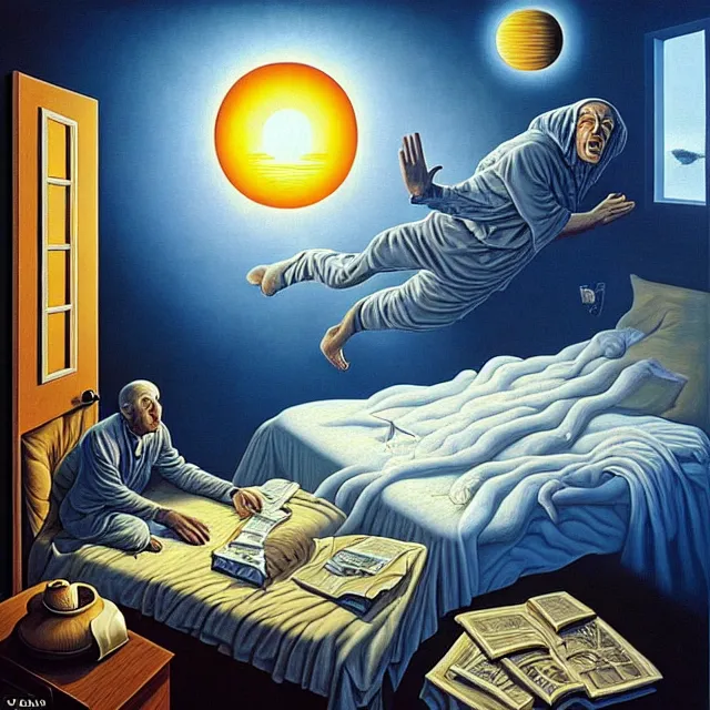 Prompt: an oil on canvas portrait of a man waking up and the sun is shining through the window, surrealism, surrealist, lovecraftian, cosmic horror, rob gonsalves, high detail