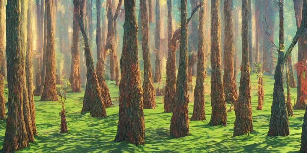 Image similar to abstract 3d landscape forest painting by james jean and David Schnell with 1000 year old trees painted in no mans sky style, redshift, octane