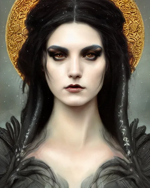 Prompt: a portrait of the Raven Queen, otherworldly beautiful, large dark eyes, dark magic, illustration, dramatic lighting, soft details, painting oil on canvas, art nouveau, octane render, HDR, 4k, 8k, HD, by Edmund Blair Leighton, Brom, Charlie Bowater, trending on artstation, Tom Bagshaw faces by otto Schmidt