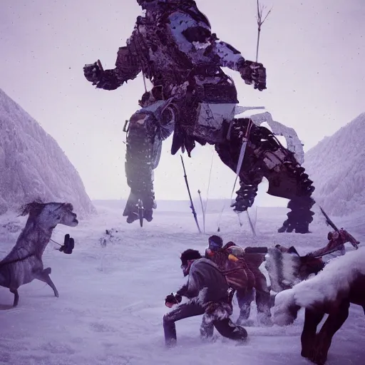 Image similar to majestic native americans fighting cyborg white men in a snowy field, art by beeple, styled like beeple, landscape, hyper realistic,