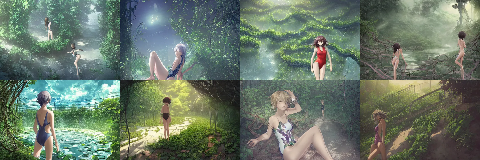 Prompt: Digital anime art by WLOP and Mobius, Water reservoir. Overrun by vines and plants. A girl in a swimsuit walks on the concrete. highly detailed, intriguing lighting