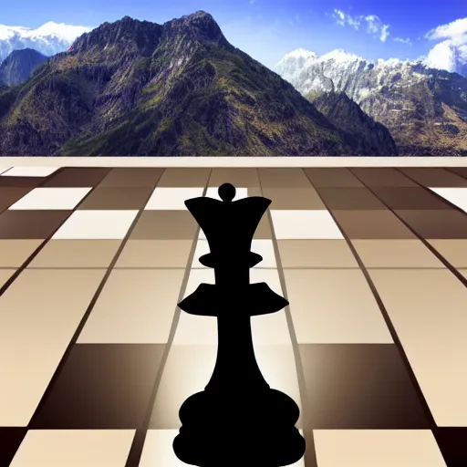 Image similar to knight chess piece playing piano, chessboard background, mountains further away