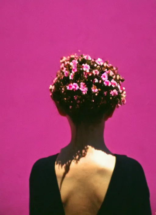 Image similar to extra close-up, color film photography, the back of a woman\'s head with interwoven flowers against a pink wall, daylight, 35mm