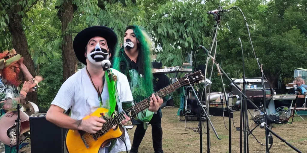 Image similar to a green-haired, funky, rustic, gentle metro dingo sound guy with a Salvador Dali moustache mixes a band in the park