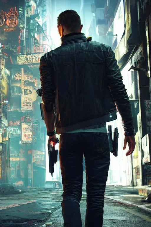 Image similar to a detailed full bodied 3 d render of an extremely handsome jensen ackles as time traveler walking down a dark alley in cyberpunk 2 0 7 7, holding a milkor mgl grenade launcher, aetherpunk, volumetric lighting, octane render, 8 k, art by greg rutkowski and albert bierstadt and alphones mucha