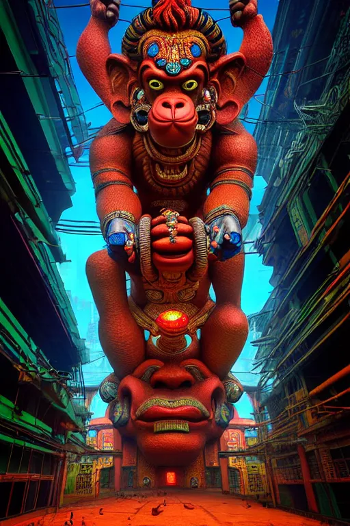 Image similar to high quality 3 d render post - rococo cyberpunk hanuman! head building, neon madhubani, open mouth, highly detailed, in sci - fi mumbai, cinematic smooth unreal engine, lee madgwick & liam wong, dramatic light, low angle, uhd 8 k, sharp focus