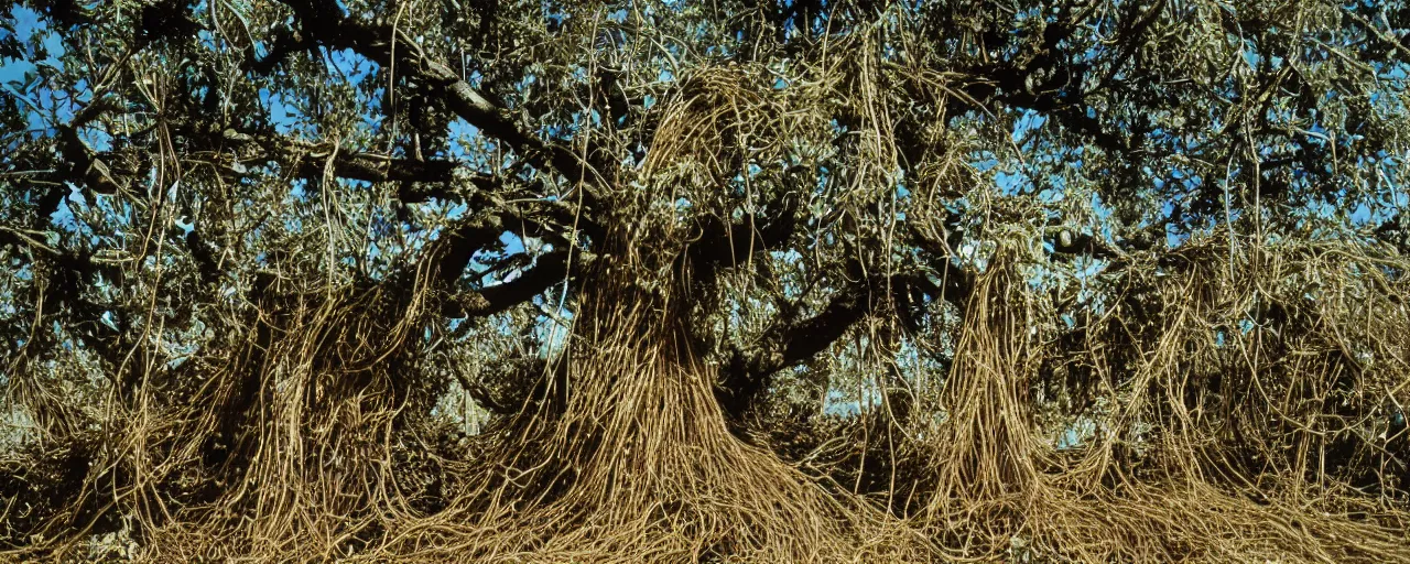 Image similar to wide shot of spaghetti growing on a tree, in a large field, in the style of galen rowell, canon 2 0 mm, photograph, kodachrome