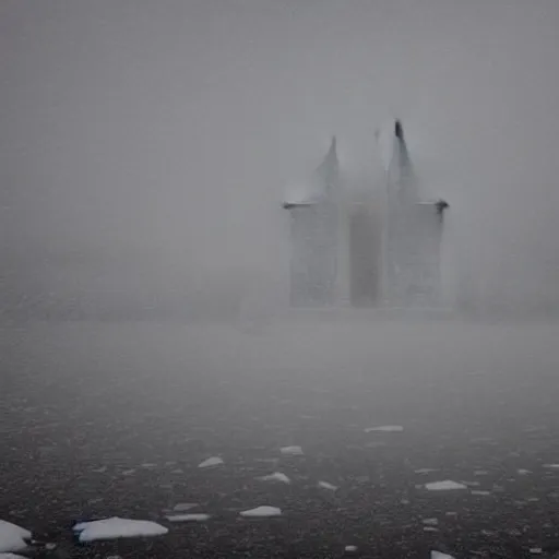 Image similar to a monolithic cathedral in the artic. overcast sky, grainy, snowing.