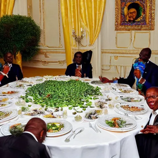 Prompt: president muhammadu buhari sitted at a lavish banquet with a large bastion of chicken in the style of edward hooper and henri matisse yinka shonibare oil painting