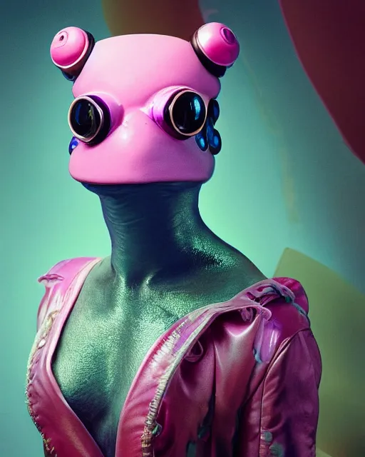 Prompt: natural light, soft focus portrait of a cyberpunk anthropomorphic frog with soft synthetic pink skin, blue bioluminescent plastics, smooth shiny metal, elaborate ornate head piece, piercings, skin textures, by annie leibovitz, paul lehr