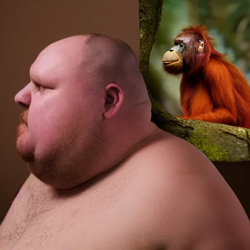 Image similar to fat northern english man looking very confused, staring at a picture of an orangutan, very detailed, 4 k, studio lighting