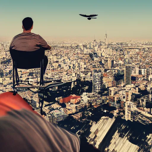 Prompt: photo of a man and a dog sitting on a couch, flying above a city