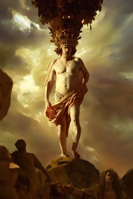 Image similar to beautiful expressive oil painting portrait of ancient roman god emperor steve buscemi ascending wearing the civic crown levitating in religious pose, art by anders zorn, wonderful masterpiece by greg rutkowski, beautiful cinematic light, american romanticism by greg manchess, jessica rossier