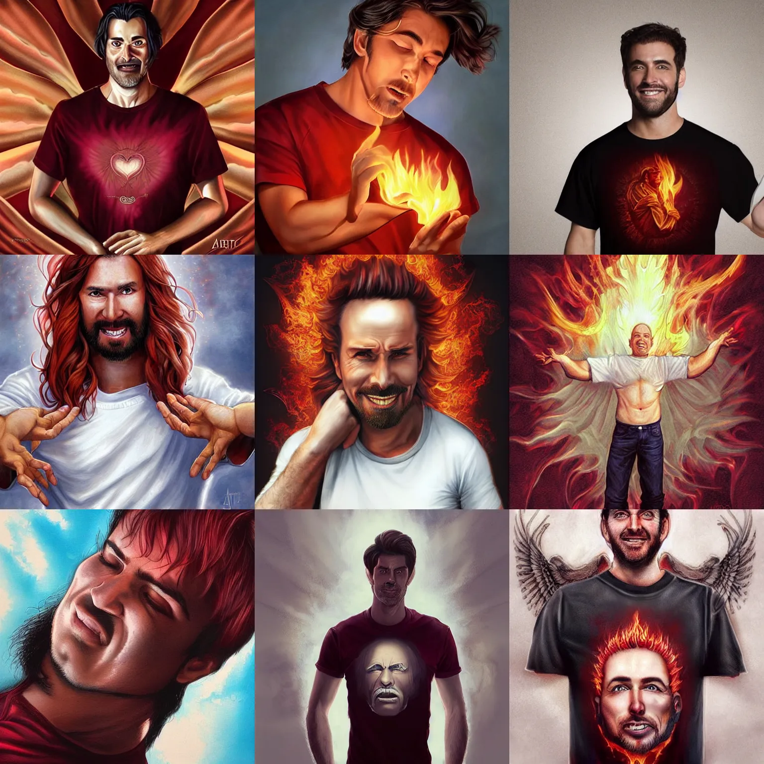 Prompt: a smirking white spanish man in his early 4 0 s, heavenly fire is enveloping his body and a tongue of fire is coming to his head, the man is wearing a t - shirt of burgundy color, art by artgerm