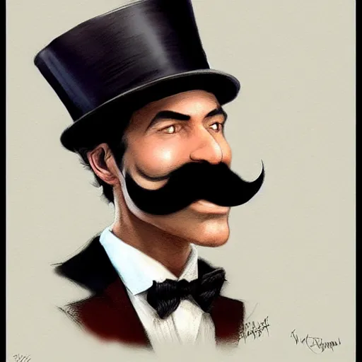 Image similar to hyper realistic dapper fancy luigi wearing a top hat, smirking deviously, painted by greg rutkowski, wlop, artgerm