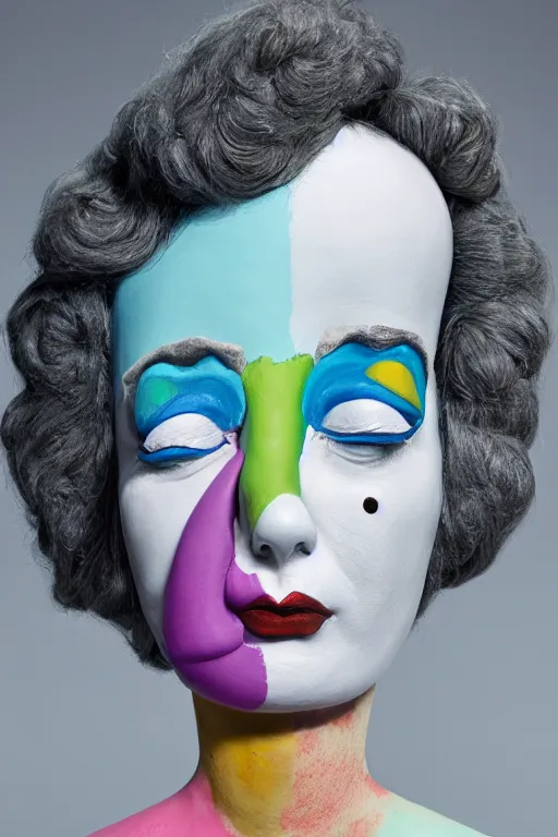 Prompt: 3 d full head and shoulders beautiful porcelain colourful woman with a sad expression and crying eyes by theodor seuss geisel and daniel arsham