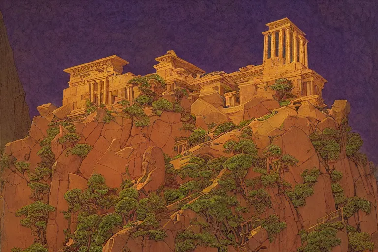 Prompt: ancient temple on a mountaintop by moonlight | by Paul O. Zelinsky and Maxfield Parrish and Nicholas Roerich and Donato Giancola | ornate carvings| climbing vines| rich color | dramatic cinematic lighting | extremely clear and detailed